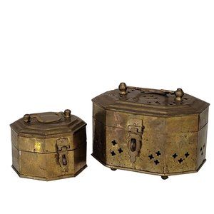 2 Brass Potpourri Cricket Trinket Box Jewelry w Hinge Latch Lid India Boho decor